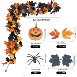 Halloween Pumpkin Garland with Flying Witch and Maple Leaves Fall Harvest Decor for Fireplace Door and Party Decorations SKU: SINOARTE-0053