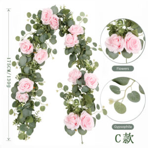 Artificial Rose & Camellia Garland with Eucalyptus Leaves Decorative Vine for Home Wedding Wall Ceiling Pipe Decoration SKU: SINO-0058