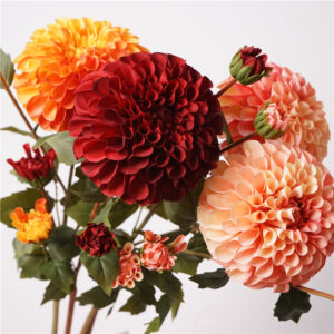 Realistic Autumn Coral Dahlia 4 Head Artificial Flower Bouquet Marigold Style Silk Flower for Wedding Home Decor Table Centerpiece Photography Prop  SKU: SINO-0121